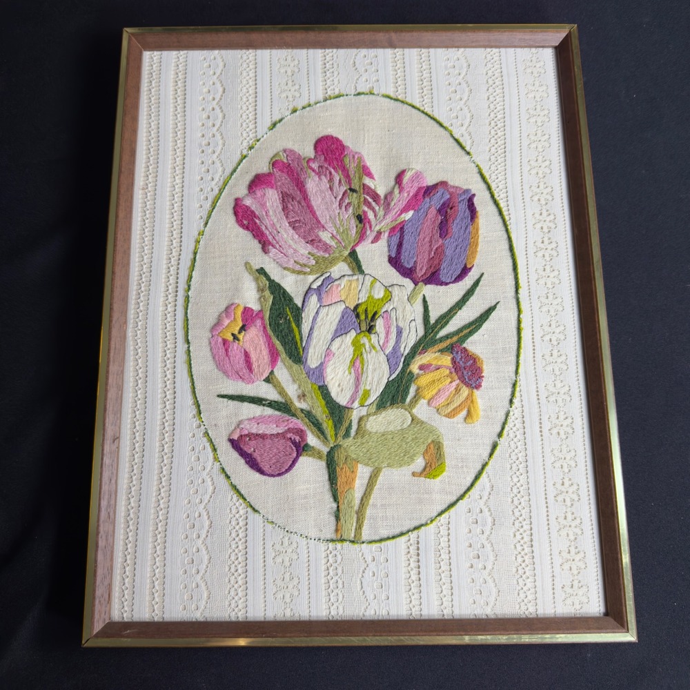 Vintage Crewel Embroidery Floral Tulip Wall Art Framed Lace Trim Cottagecore